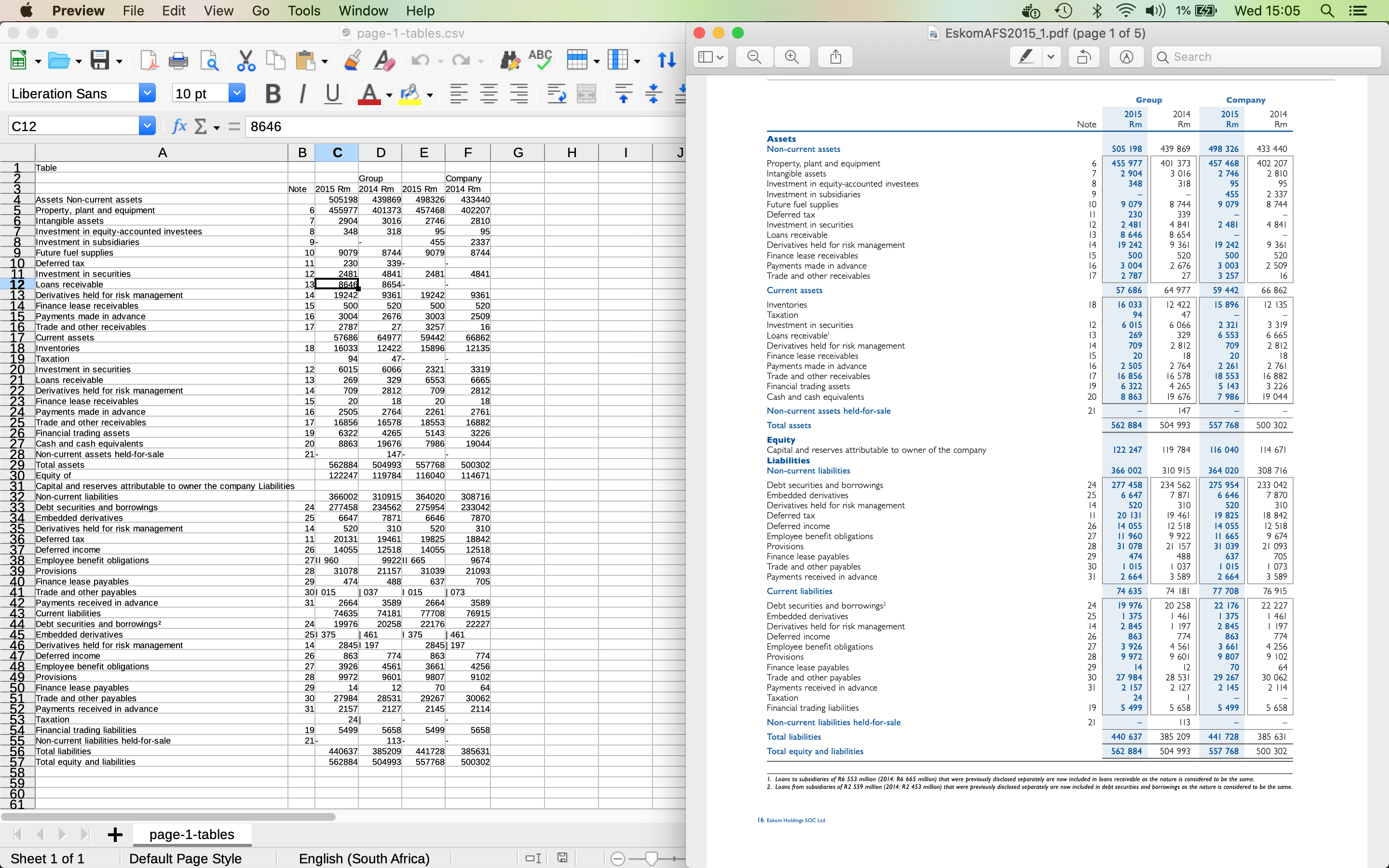 A spreadsheet next to the original PDF